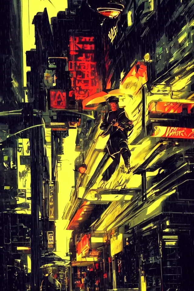 Image similar to character design, portrait, glam ninja, by syd mead, roger deakins, atmospheric neon backdrop, rain at night, symmetry