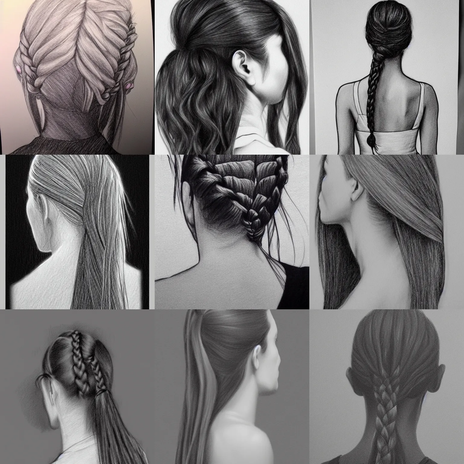 Prompt: woman girl plait hair back of head behind rear b&w black white pencil drawing artstation