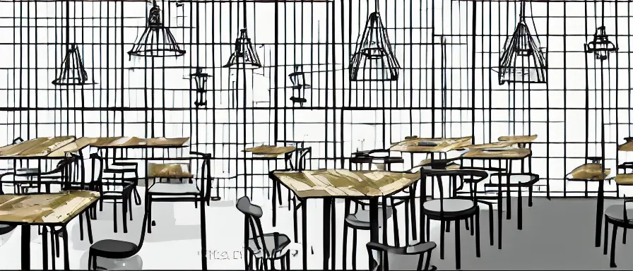 Image similar to a beautiful simple interior 4 k hd wallpaper illustration of small roasted string hotpot restaurant restaurant yan'an, animation illustrative style, from china, restaurant theme wallpaper is tower and mountains, rectangle white porcelain table, black chair, fine simple delicate structure, simple style structure decoration design, victo ngai, james jean, 4 k hd