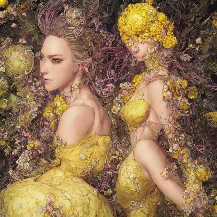Image similar to the portrait of a sensual lemon personified as an absurdly beautiful, graceful, elegant, sophisticated, young woman made up of lemons, an ultrafine hyperdetailed illustration by kim jung gi, irakli nadar, intricate linework, bright colors, octopath traveler, final fantasy, unreal engine 5 highly rendered, global illumination, radiant light, detailed and intricate environment