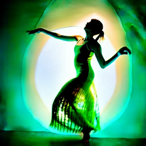 Image similar to woman dancing underwater wearing a dress made of seaweed that is flowing in the current, lighting with caustics from sunlight, cinematic, photorealistic