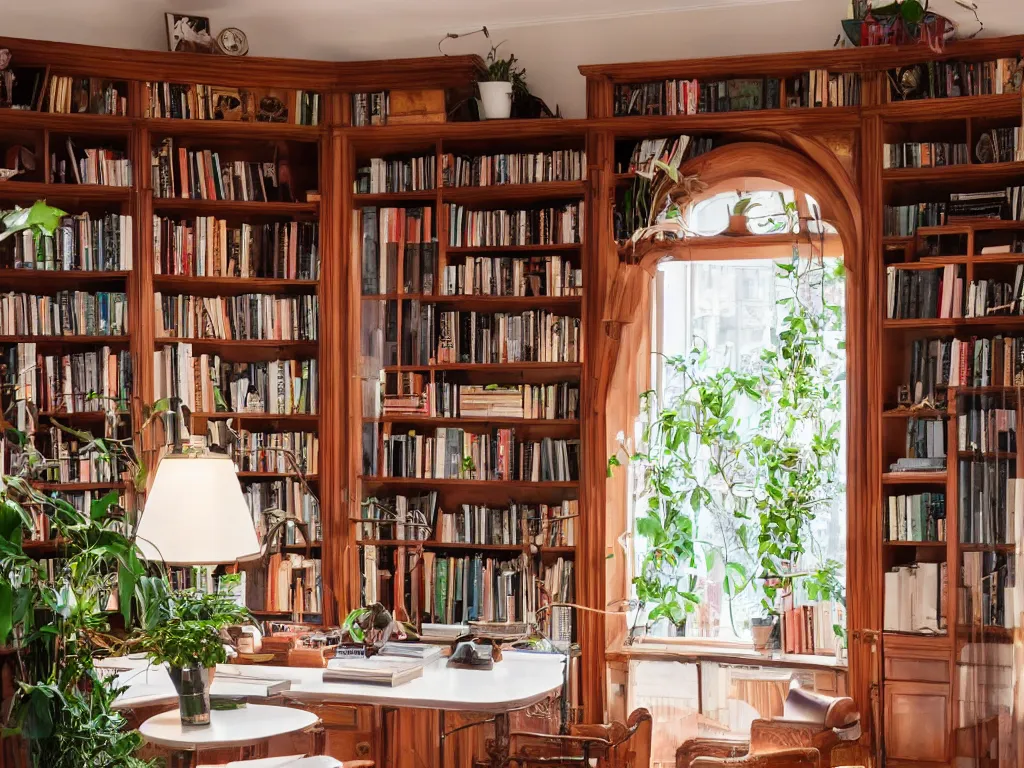 Image similar to A beautiful office room with mahogany bookcases and many beautiful plants and sunset light coming through the windows