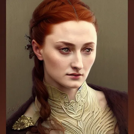 Image similar to portrait of sansa stark queen, intricate, elegant, highly detailed, digital painting, artstation, concept art, smooth, sharp focus, illustration, art by artgerm and greg rutkowski and alphonse mucha and william - adolphe bouguereau