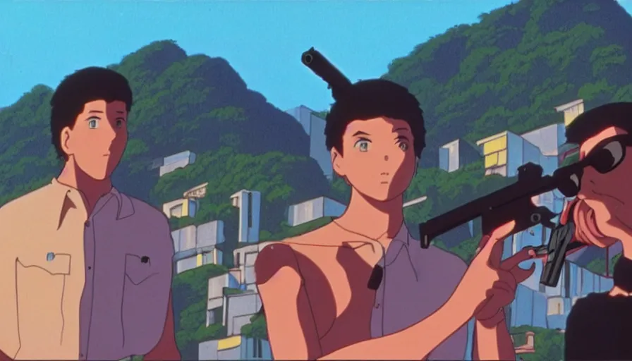 Image similar to 1 9 8 6 movie screencap of a couple with a gun on a rio de janeiro, gucci clothes, studio ghibli sky, beautiful favela background extremely utra high quality artwork 8 k