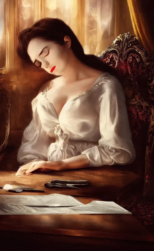 Image similar to a beautiful lady vampire falling asleep at a table, cinematic, art, epic, digital masterpiece, romantic lighting