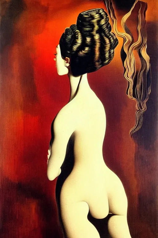 Image similar to beautiful woman by salvador dali, intricated details, 3 / 4 back view, hair styled in a bun, bendover posture, full body portrait, bright design, drips, autumn lights