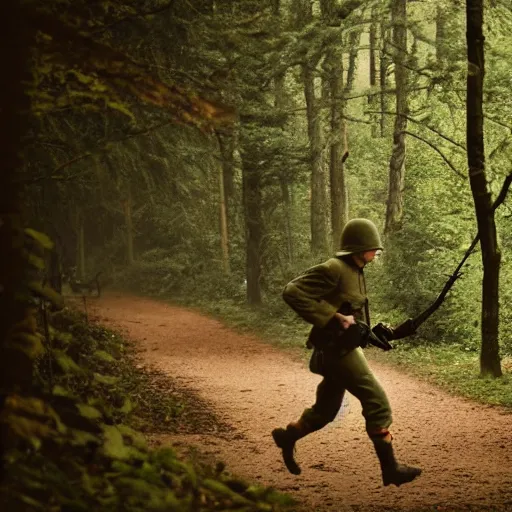 Prompt: a man pursued by armed ww 2 german soldiers in a forest at dusk near a castle