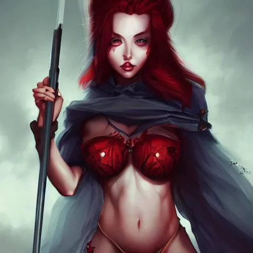 Prompt: princess of darkness, style of rutkowski, artgerm comic, piercing eyes, long glowing red hair, cinematic, highly detailed, award winning