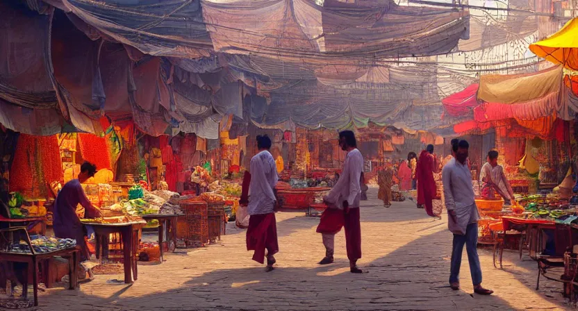 Image similar to bazaar in delhi. art by salman toor. global illumination, radiant light, detailed and intricate environment, atmospheric light, cinematic, trending on artstation