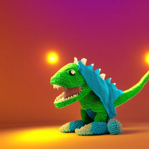 Image similar to super cute dinosaur made out of sweaters and yarn octane rendering vivid cinematic lighting 4 k