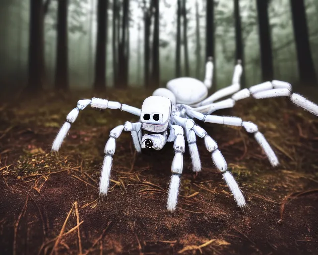 Prompt: photo of a white terminator spider with heavy duty biomechanical hydraulic cybernetic body with antennas and visor cogs and gears and components in the forest. cyberpunk horror style. highly detailed 8 k. intricate. nikon d 8 5 0 5 5 mm. award winning photography.