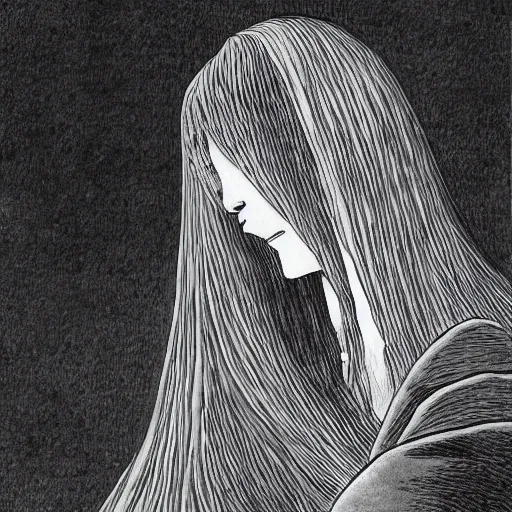 Prompt: Sadako Yamamura by Kentaro Miura, highly detailed, sharp focus, illustration