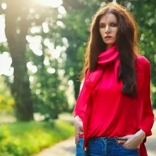 Image similar to beautiful woman wearing a red blouse, blue jeans, scarf. hyperrealistic