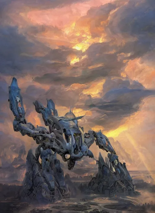 Image similar to biblical mecha dragon sitting slayed, in clouds on a riverside, sunset, big eyes, portrait by mikhail vrubel, studio lighting, muted colors, by frank frazetta, extreme detail, reflections, trending on artstation, 8 k