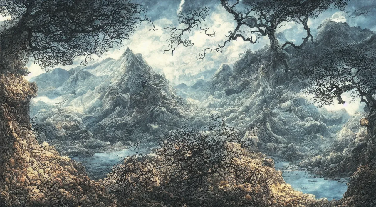 Image similar to A beautiful landscape painting of dystopian future in the mountains by junji ito and Yoshitaka Amano and jean-honore fragonard