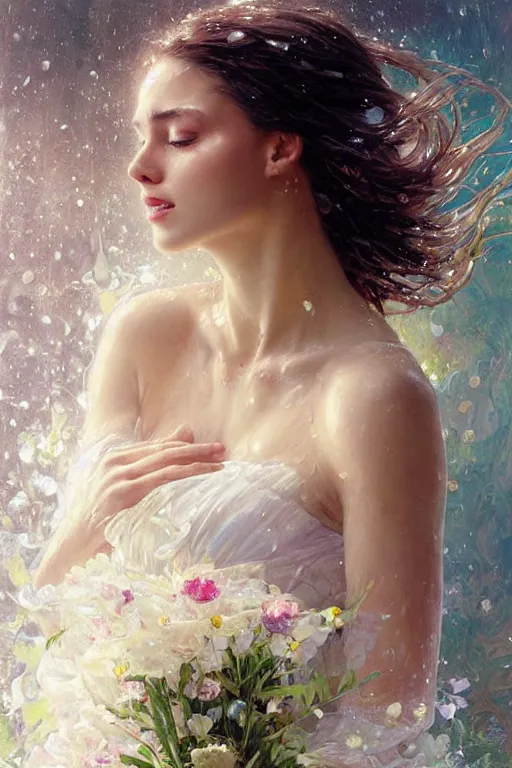 Image similar to portrait of a beautiful woman wearing a white dress, holding a bouquet of flowing flowers, drenched body, wet dripping hair, emerging from the water, fantasy, regal, fractal crystal, fractal gems, by stanley artgerm lau, greg rutkowski, thomas kindkade, alphonse mucha, loish, norman rockwell