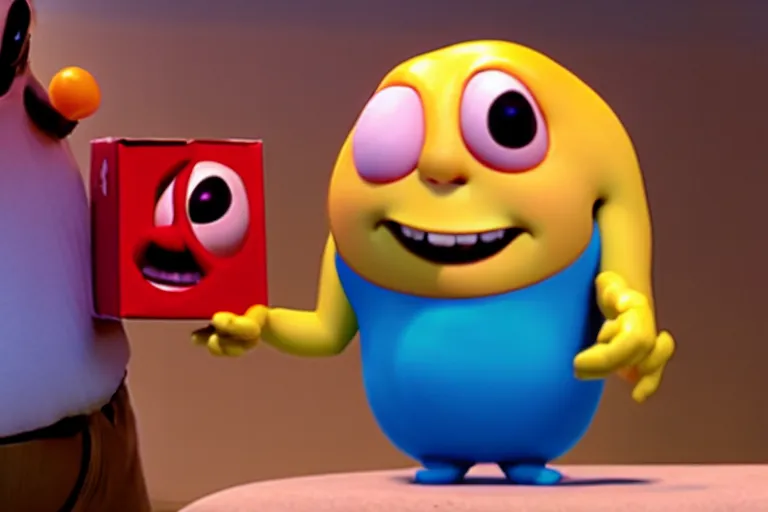 Image similar to an anthropomorphic jelly bean, happy and holding a box, pixar