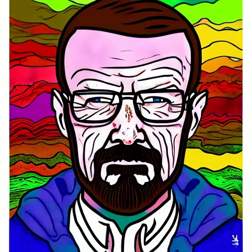 Image similar to Walter White on a acid trip , accurate anatomy, accurate hands, highly detailed, digital art, epic, masterpiece,