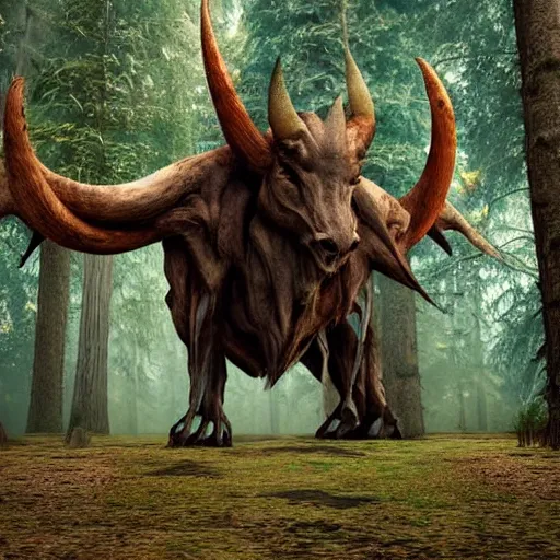 Image similar to Gigantic creature with horns standing in the forest between trees, realistic