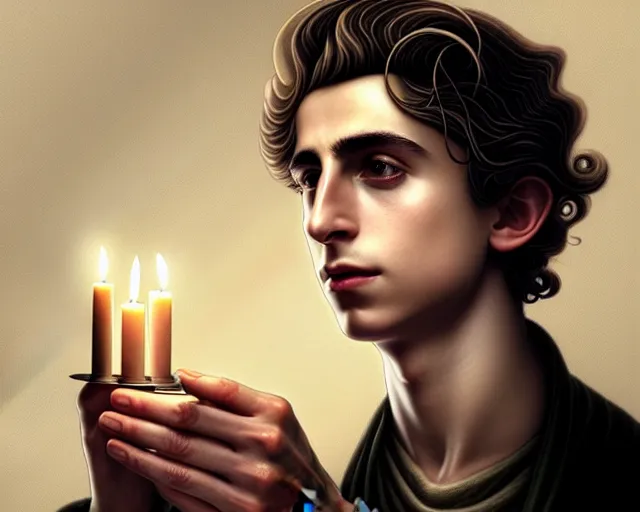 Image similar to a mind - blowing portrait of fortune seeker timothee chalamet, holding a candle holder, wearing dark maritime clothing, long night cap, deep focus, d & d, fantasy, intricate, elegant, highly detailed, digital painting, artstation, concept art, matte, sharp, illustration, hearthstone, art by artgerm and greg rutkowski and alphonse mucha