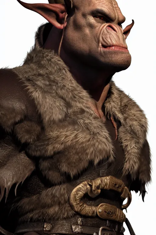 Image similar to A full body shot of a handsome orc looking into the camera wearing a leather fur jacket and boots, full body shot, detailed face, portrait, artstation, realistic, highly detailed, symmetrical, D&D, Dungeons & Dragons, hyper realistic, dynamic pose, high detail, octane render, unreal engine, 8k, fantasy art, highly detailed, concept art