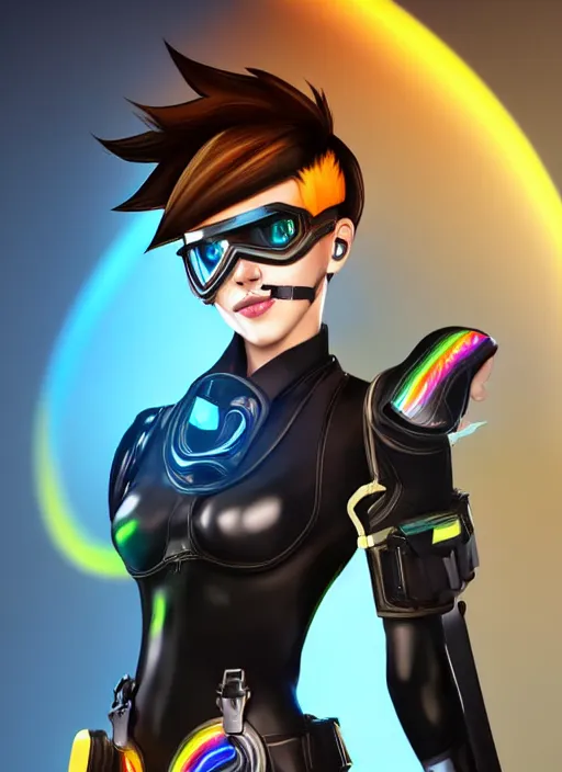 Image similar to full body digital artwork of tracer overwatch, confident pose, wearing black iridescent rainbow latex, 4 k, expressive happy smug expression, makeup, in style of mark arian, wearing detailed black leather collar, wearing sleek armor, black leather harness, expressive detailed face and eyes,