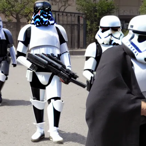 Image similar to 5 foot 1 0 fit iranian man with very short black beard and medium black well styled hair being captured by stormtroopers, highly detailed, high definition, ultra realistic