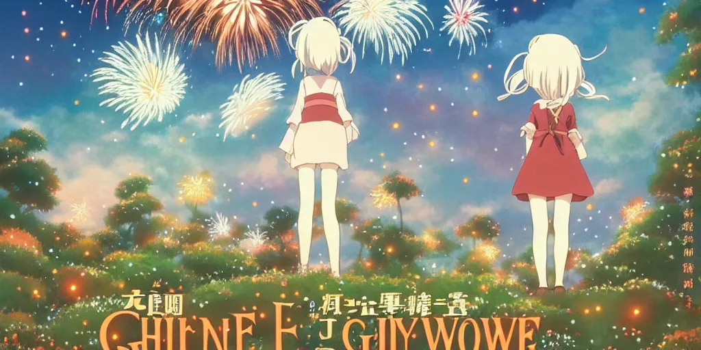 Image similar to the girl and the fireworks. Anime visual of a cozy village in a magical forest. cheerful and peaceful mood. illustrated by Hayao Miyazaki. anime production by Studio Ghibli. high quality, visually stunning, majestic, fall, official media