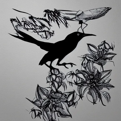 Prompt: bird illustration, Matt adrian, black ink on white paper, high definition 4k