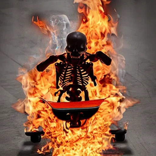 Image similar to super cool radical flaming skeleton sitting on a toilet mounted to a skateboard, hyper realistic, photograph.