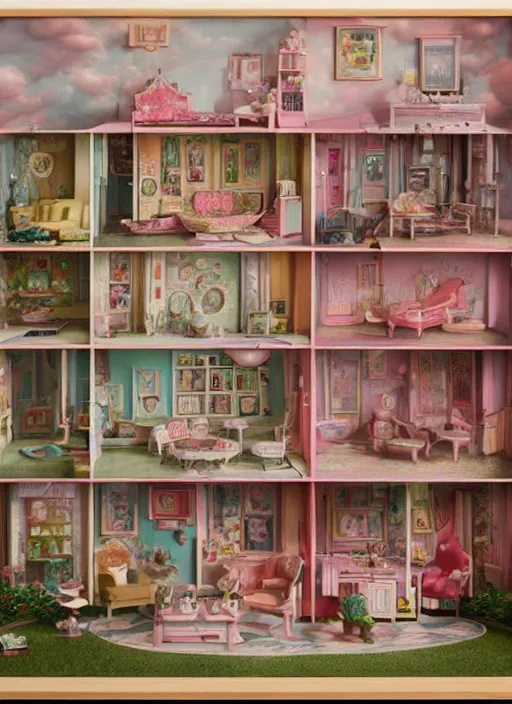 Image similar to highly detailed wide - angle portrait of a retro 1 9 6 0 s doll house, nicoletta ceccoli, mark ryden, lostfish, earl nore, hyung tae, frank frazetta, global illumination, god rays, detailed and intricate environment