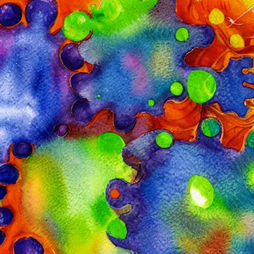 Image similar to antibodies and viruses floating through the air. watercolor. realistic. cool tones. close - up