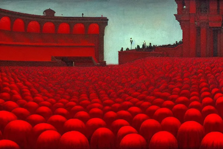 Image similar to only with red, a red great emperor, taormina amphitheatre, expressive crowd with big smile, in the style of beksinski, parts by edward hopper, parts by rodcenko, parts by yue minjun, intricate and epic composition, red by caravaggio, insanely quality, highly detailed, masterpiece, red light, artstation, 4 k