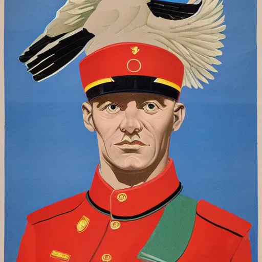 Image similar to soviet propaganda poster depicting a dromaius in military uniform