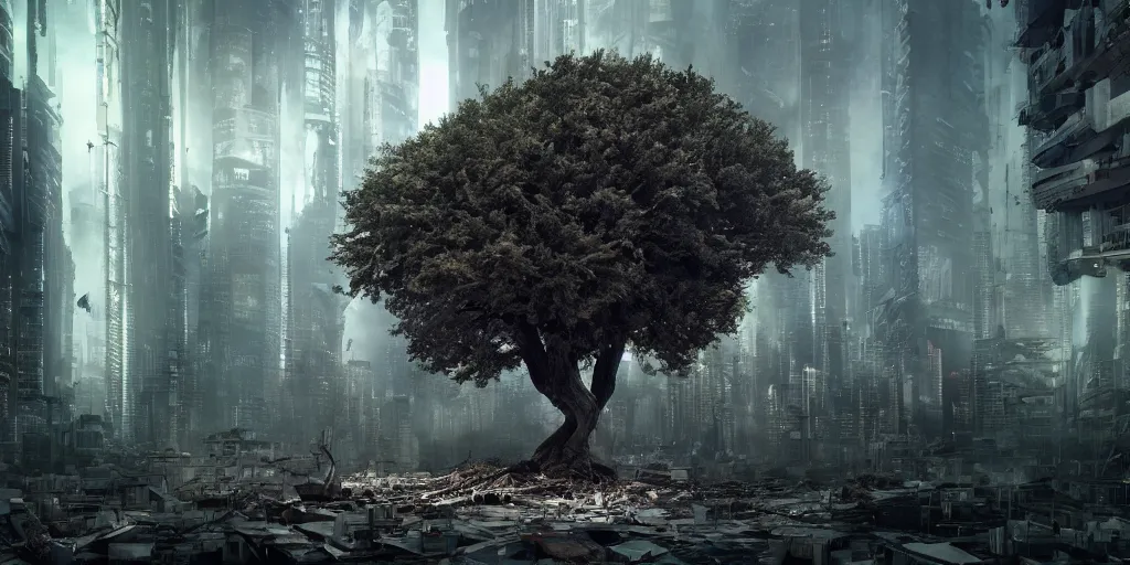 Image similar to a terrifying tree destroying a dystopian city, cyberpunk, sharp focus, dynamic lights, still, photograph, hyper realistic, masterpiece, octane render, rendered, 3 d, cinematic, cinematic lighting, dramatic lighting, highly detailed, intricate details, texture, cinematic composition, wide shot, by donglu yu and kevin jick and eddie del rio