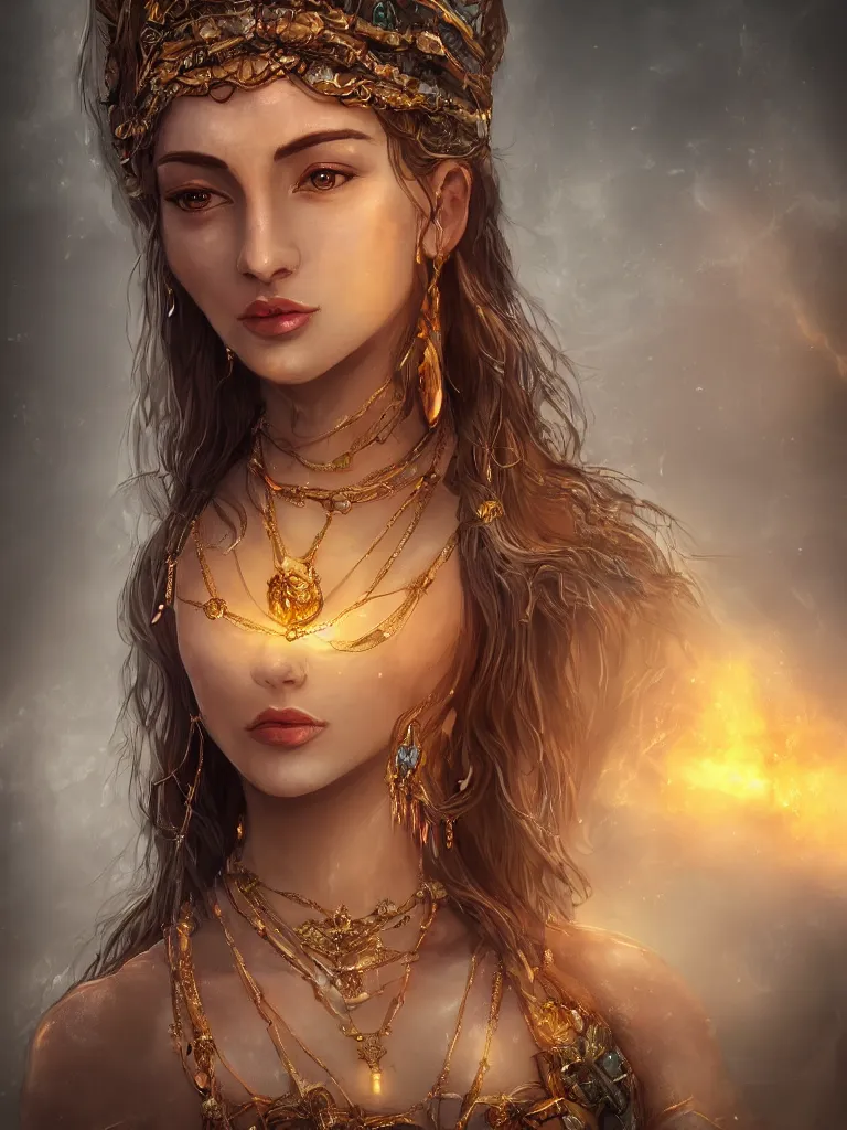 Prompt: close up portrait of a beautiful female goddess with glowing necklace, stone courtyard background fantasy atmosphere, decolletage, confident pose, coherent, insane detail, concept art, character concept, cinematic lighting, global illumination radiating a glowing aura