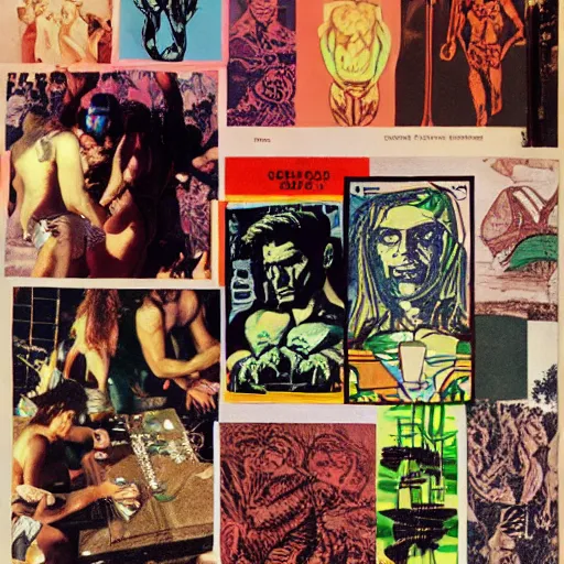 Prompt: 1990 xerox fanzine cutout collage, ancient greek, lunch time on Jupiter, punk party, aquatical plants, painted part by Kilian Eng, part by Leonardo DaVinci, part by Tom of Finland, composition by moebius, 35mm, graflex