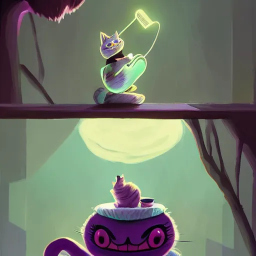 Image similar to cheshire cat drinking tea, in the style of atey ghailan and james gilleard, exquisite lighting, art, very coherent, trending on artstation