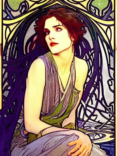 Image similar to a beautiful painting of young winona ryder by Alphonse Mucha and by Mark Brooks and by john william waterhouse and by arthur rackham, Art Nouveau, Neo-Gothic, gothic, award winning painting, hyperdetailed, detailed