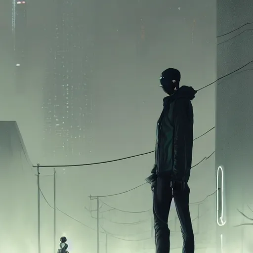Image similar to A tall slender man in a techwear outfit, high quality, digital art, dire cyberpunk city, gray sky, neon signs in background, greg rutkowski