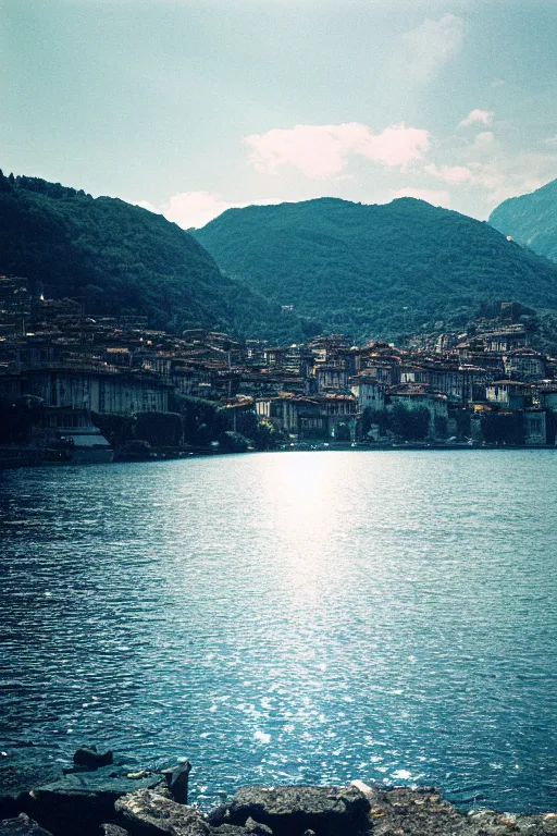 Prompt: Photo of Lake Como, wide shot, daylight, blue sky, summer, dramatic lighting, award winning, highly detailed, medium format photography, cinestill 800t.