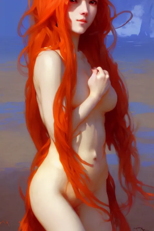 Prompt: nami, long orange hair, brown eyes, bikini, digital art from artstation by ruan jia and mandy jurgens and artgerm and william - adolphe bouguereau