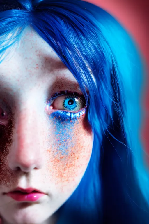 Image similar to close - up portrait of a blue - haired girl with glowing freckles and glowing cherry - colored eyes, fantasy art, victorian era, renaissance painting, realism, antique, epic, realistic, high quality, high resolution, lossless quality, lossless quality, 8 k, hdr, 4 k, 8 k resolution, 1 6 k resolution, 8 k quality