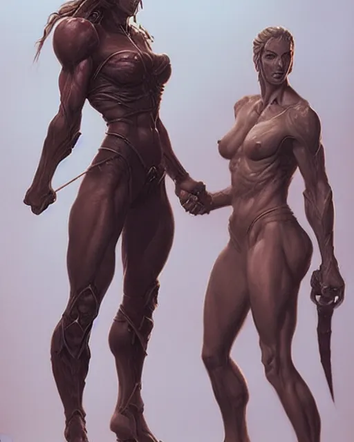 Image similar to female athletic body type and male warrior strong body type holding each other close by Boris Vallejo, moody, character design concept art, diablo, warcraft, hard surface, Character design, dramatic, highly detailed, photorealistic, digital painting, painterly, artstation, concept art, smooth, sharp focus, art by John Collier and Krenz Cushart and Artem Demura and Albert Aublet