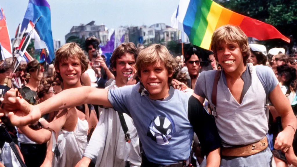 Image similar to rotj luke skywalker goes to pride, getty images, victorious, flags, parade, gay rights, bright smiles, daylight, twenty three year old luke skywalker at gay pride, 3 5 mm photography, very happy, smiling