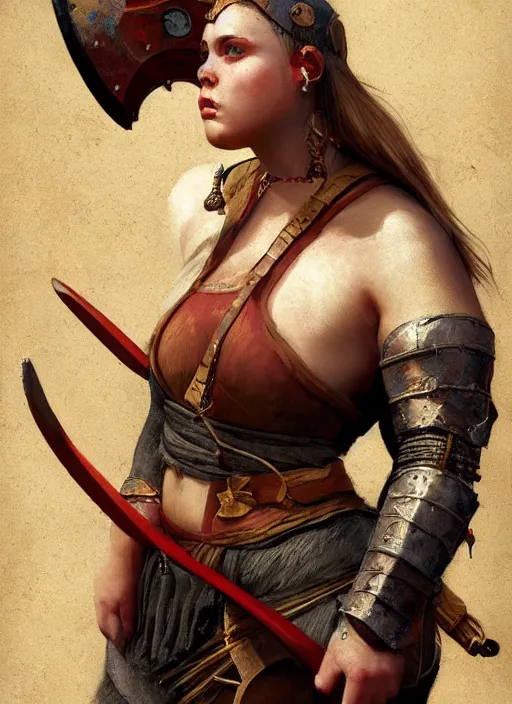 Prompt: hyper realistic photo of medieval chubby beautiful warrior girl, full body, rule of thirds, conceptart, saturated colors, brom, artstation, cgsociety