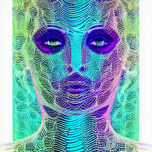 Prompt: portrait of a woman inspired by data - driven art, generative, iridescent, self - confidence, electrons, coding, holographic, lightening