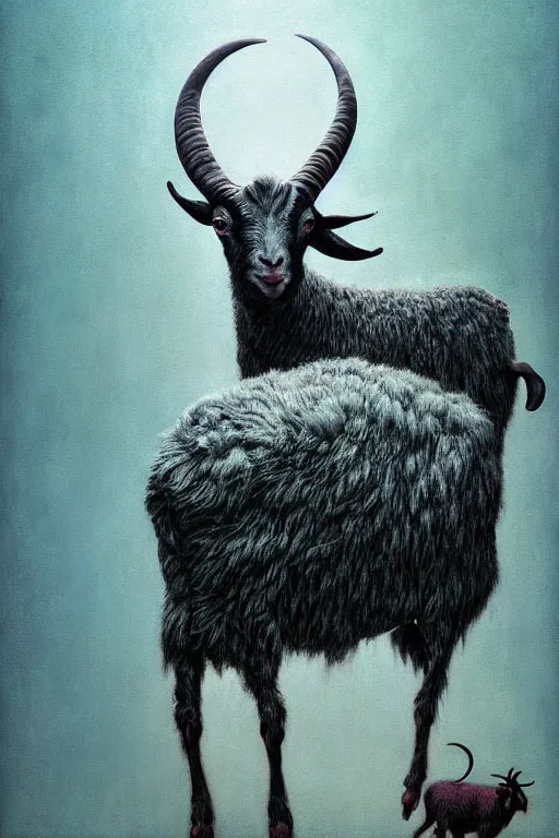 Image similar to painting of hybrid between human andy milonakis and a goat, by zdzislaw beksinski, by tiffany bozic, cold hue's, warm tone gradient background, concept art, beautiful composition, digital painting