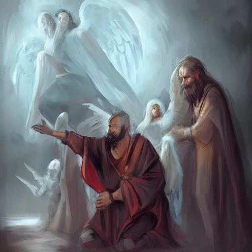 Prompt: angels protecting a praying man, by Taras Susak, Trending on artstation, deviantart