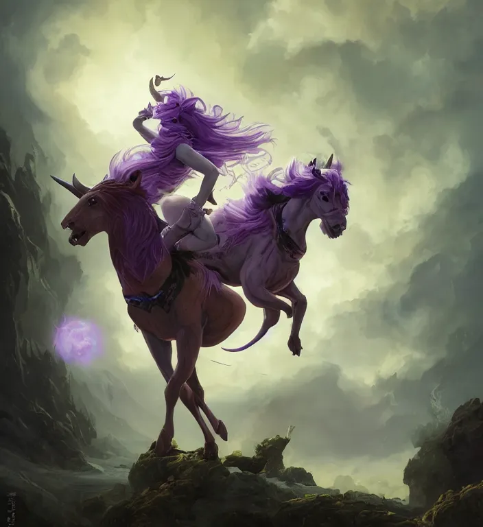 Image similar to a majestic female centaur with white wings and with a horn on the forehead and purple hair and elf ears, backlit, strong rim light, highly detailed, digital painting, by Alvaro Castagnet + Peter Mohrbacher + Dan Mumford + vivid colors + high contrast, 8k resolution, intricate, photorealistic, smooth